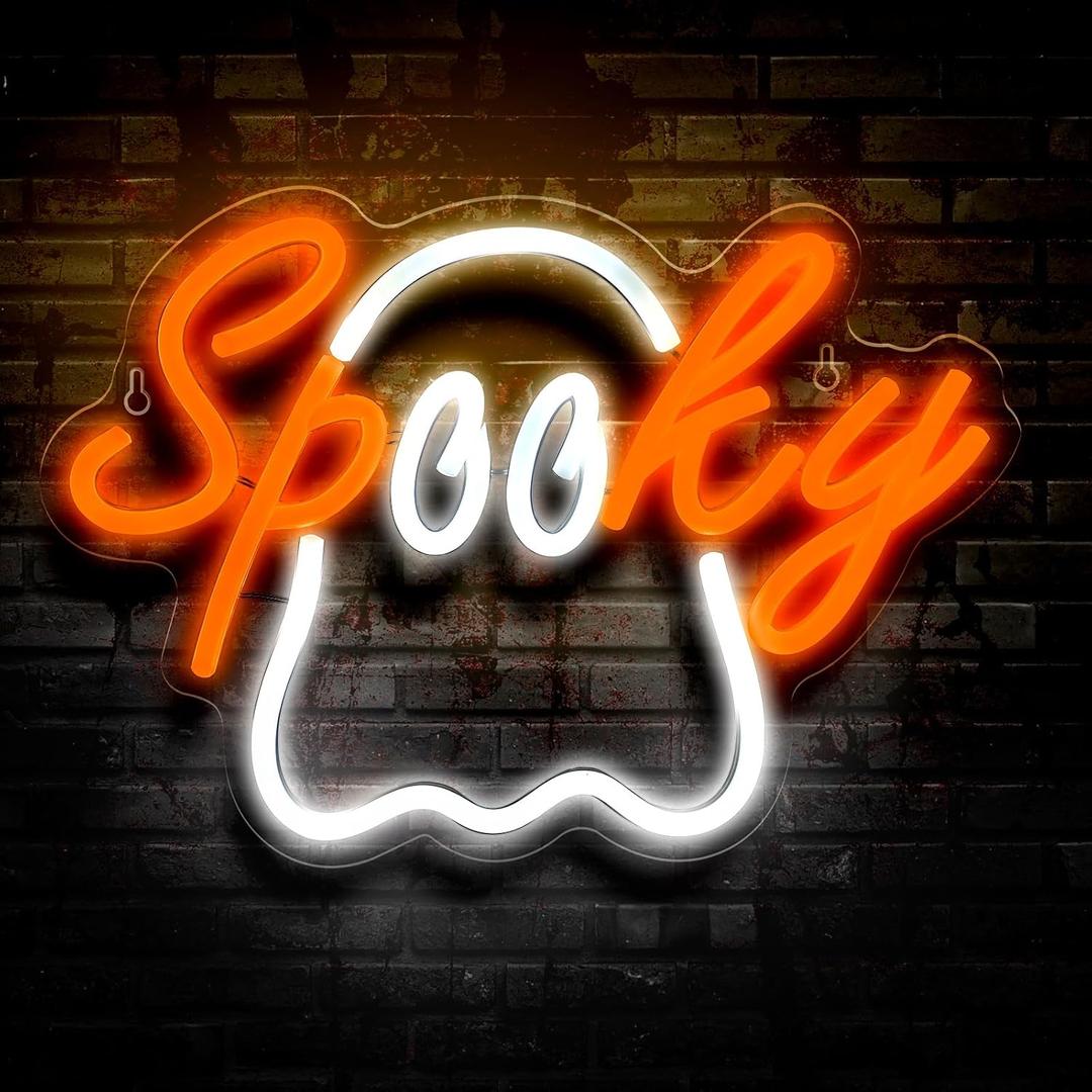 Halloween Ghost Neon Sign Acrylic LED Spooky Light Sign Cute Ghost Wall Hanging Neon Widow Door Light for Halloween Party Bedroom Bar Cave Room Decor