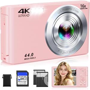 Digital Camera,Upgraded FHD 4K Pink Digital Camera for Teens Girls,Compact Digital Cameras with 64GB Memory Card,2 Batteries,Small Camera with 16X Autofocus Digital Zoom for Vlogging