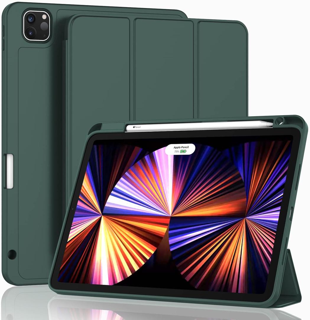 ZryXal New iPad Pro 11 Inch Case 2022(4th Gen)/2021(3rd Gen)/2020(2nd Gen) with Pencil Holder, Smart iPad Case [Support Touch ID and Auto Wake/Sleep] with Auto 2nd Gen Pencil Charging (Midnight Green)
