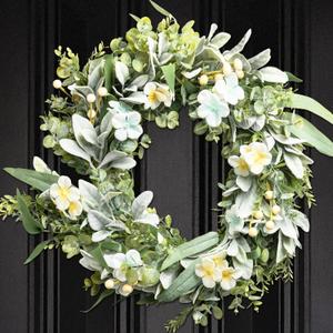 Perfnique Spring Wreaths for Front Door, Lambs Ear Wreath with Hydrangeas Flower and Eucalyptus Leaves, 20'' Green Artificial Wreath for Porch Window, Farmhouse Decor for Wall (Greenery)