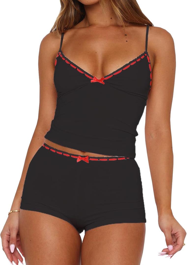 XBTCLXEBCO Sexy Pajama Sets for Women Fitted V Neck Cami Tank Top and Shorts Set Bow Front 2 Piece Sleeveless Pjs Sleepwear (Black, L)