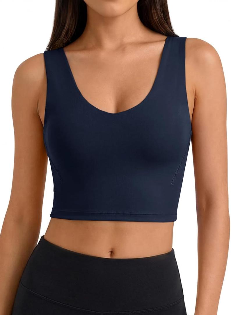 Aoysky Sports Bras for Women Long Line Workout Tank with Built in Bra V Neck Padded Yoga Tops U-Back (Blue, L)
