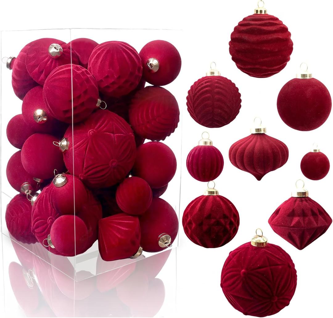 42PCS Red Velvet Christmas Ball Ornaments, Flocked Vintage Rustic Farmhouse Baubles in Assorted Sizes for Xmas Tree Decorations, Hanging Ornaments for Home, Party & Wedding Dcor (Burgundy Red)