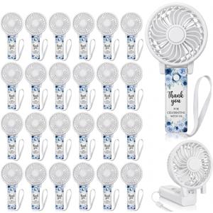 Tuanse 50 Pcs Blue Floral Wedding Fans for Guests Bulk 180 Foldable Mini Portable Handheld Battery Thank You Fan with Hanging Rope for Bridal Shower Birthday Wedding Favors Summer Camping