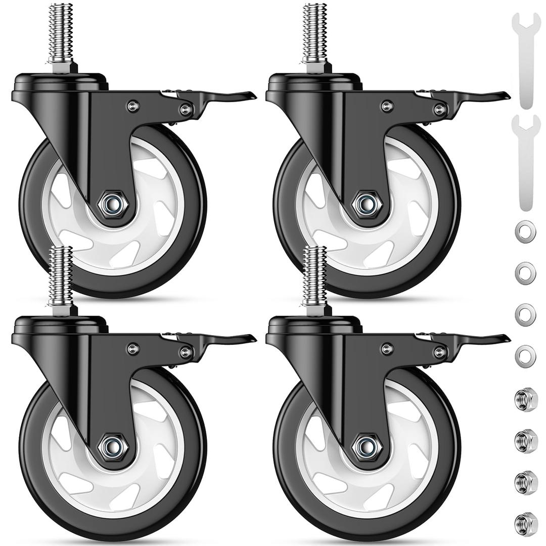 4 inch Stem Caster Wheels, 1/2" -13 x 1 Threaded Stem Casters Set of 4(Stem Diameter 1/2", Length 1"), Swivel Heavy Duty Dual Locking Caster, No Noise Industrial Castor Wheels for Cart, Furniture