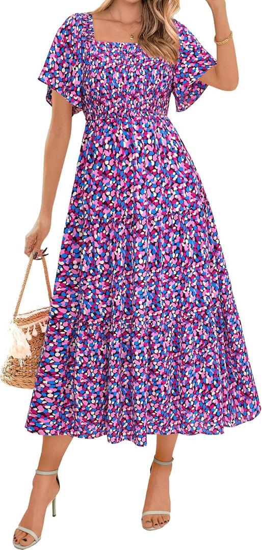 BTFBM Women's Clothing Wedding Guest Dresses Casual Boho Floral Short Sleeve Smocked Maxi Beach Spring Summer Dress 2026 (S)