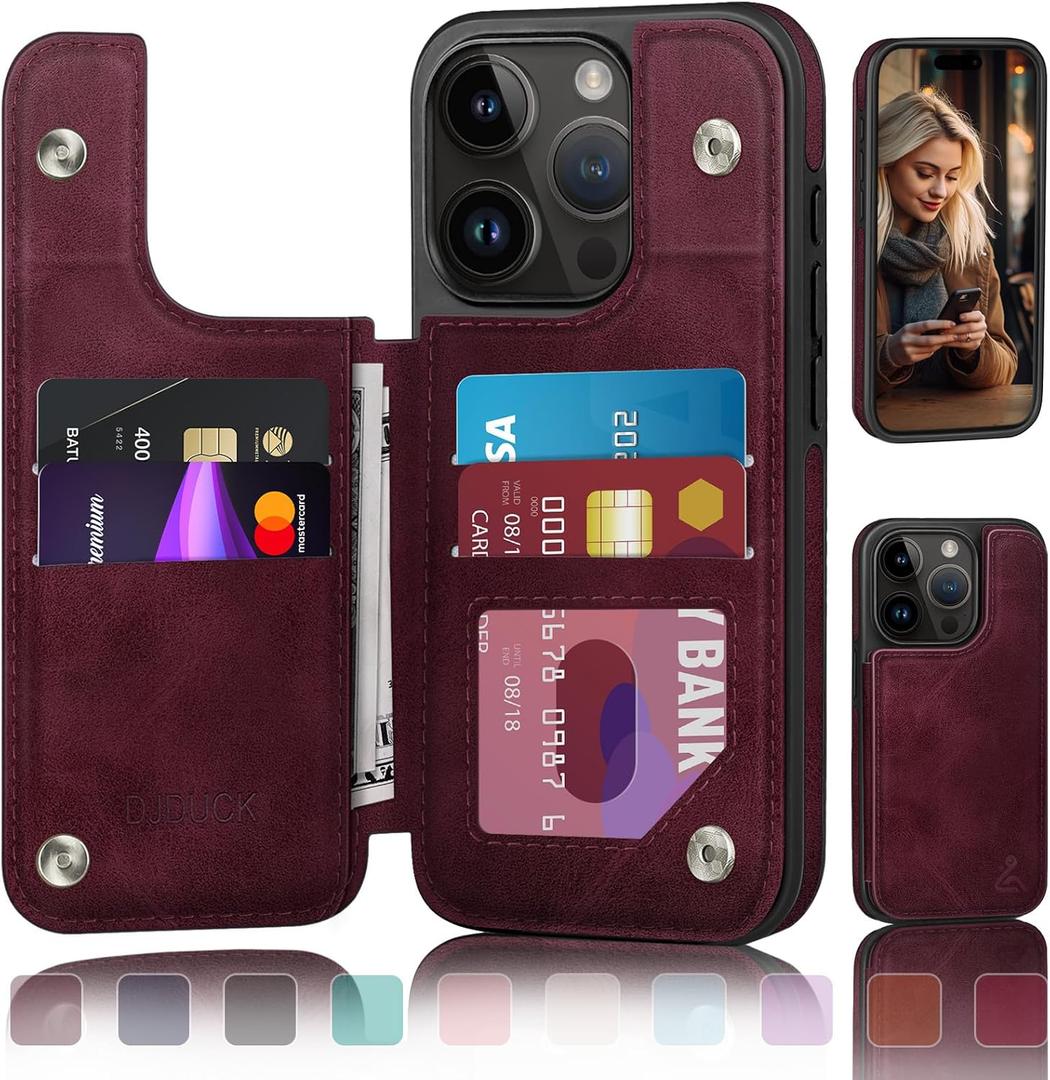 DJDUCK Designed for iPhone 16 Pro Max Case Wallet with Card Holder, [Magnetic Clasp Cover] [RFID Blocking Leather Protection] Shockproof Women Men Cases 6.9 Inch for Apple 16 Pro Max Wine Red