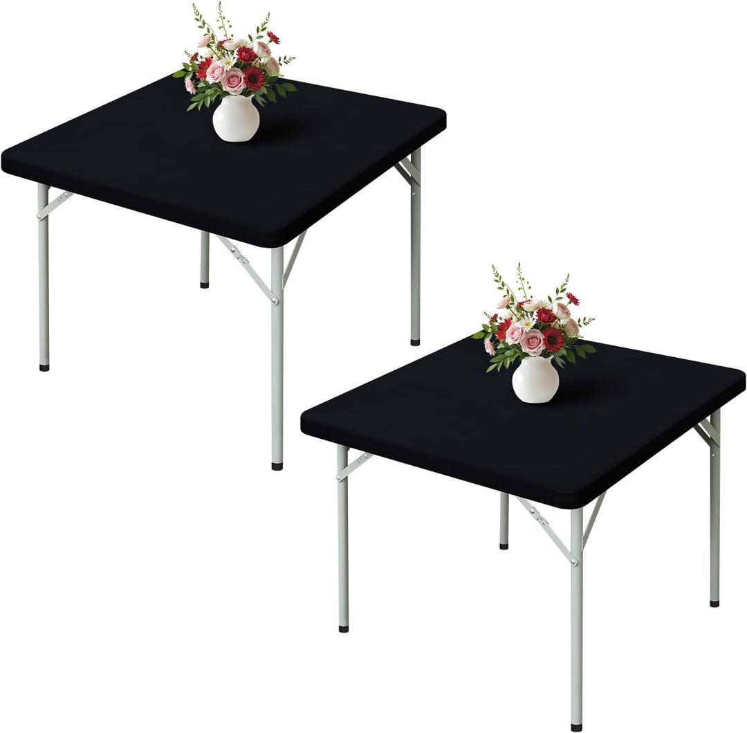 Wolkemer 2 Pack Black Fitted Tablecloth 34x34 Inch Square Elastic Edges Table Cloth, Spandex Stretch Table Cover with Machine Washable Fabric for Wedding Party Picnic Dining Indoor Outdoor