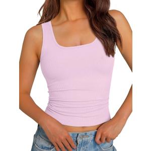 GKBK Women Built-in Bra Tank Tops Sleeveless Crewneck Rib Knit Shirts Slim Fit Basic Tee Tops XS-XXL (Large, Pink)