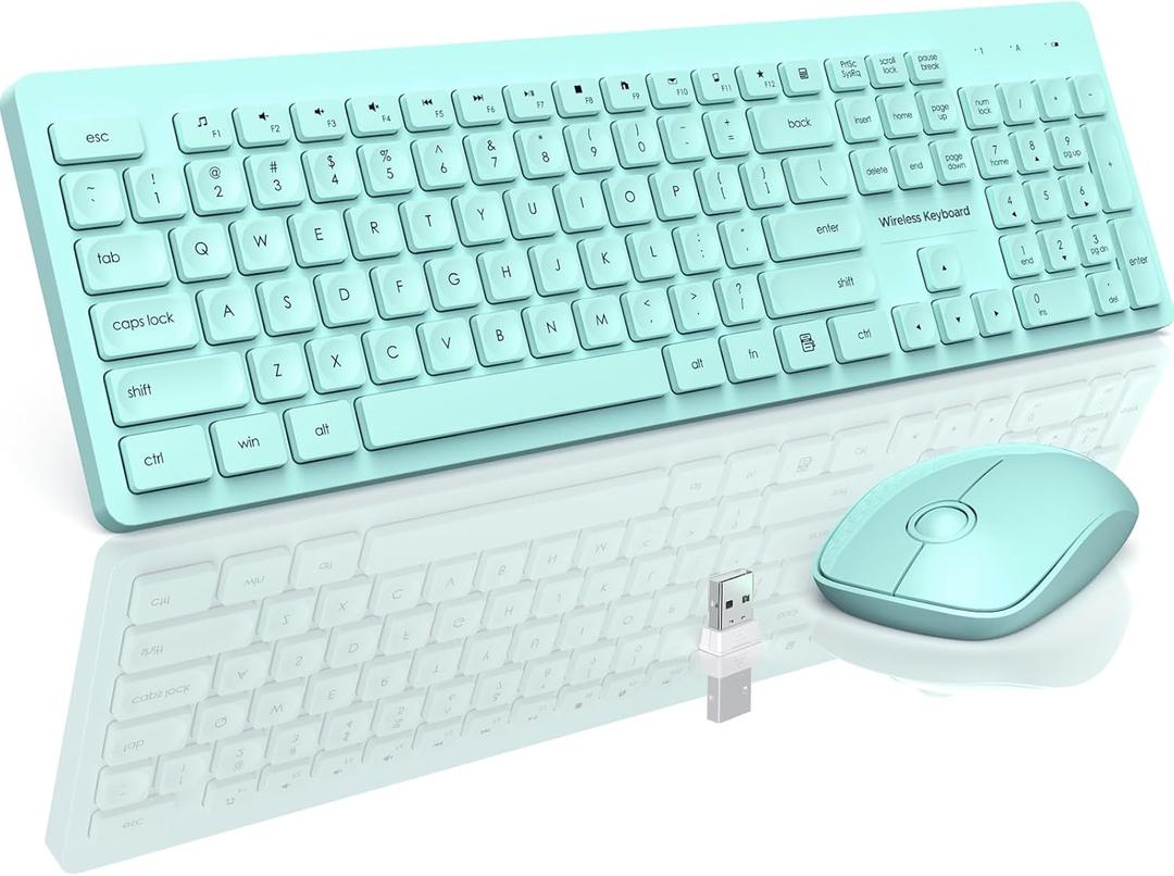 Wireless Keyboard and Mouse Comb, VEILZOR 2.4G UltraSlim USB Teal Keyboard Mouse Set, WaterDropping Keycaps, 12 Shortcuts, Wireless Keyboard for PC Laptop Windows XP/7/8/10, Vista, Mac (Green)
