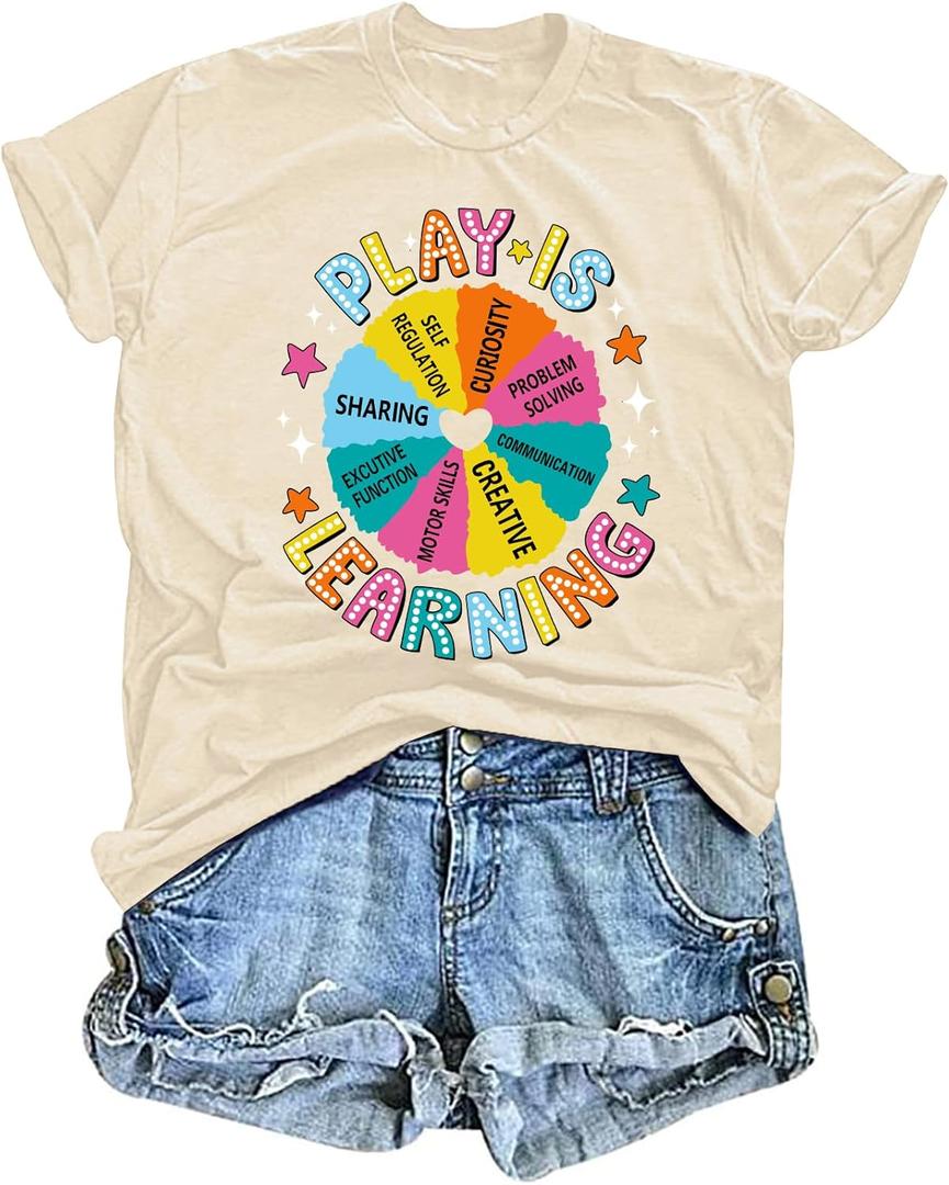 Play is Learning Teacher Shirt Women Preschool Daycare Teacher T Shirts Kindergarten Funny Teaching Tee Tops (XXL)
