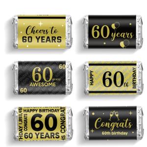 Tenare 90 Pcs 60th Birthday Party Favors Candy Wrappers Black and Gold Stickers Mini Chocolate Label 60th Birthday Decorations for Men Anniversary Party Supplies