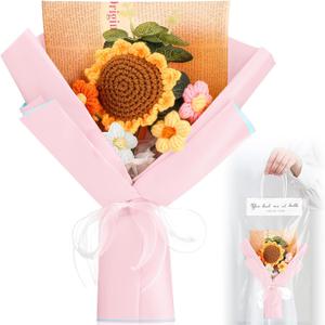 Crochet Flower Bouquet Handmade Sunflower Knitted Bouquet Artificial Knitted Flowers with Wrap for Graduation Wedding Anniversary Birthday Home Decor Gift(Pink)