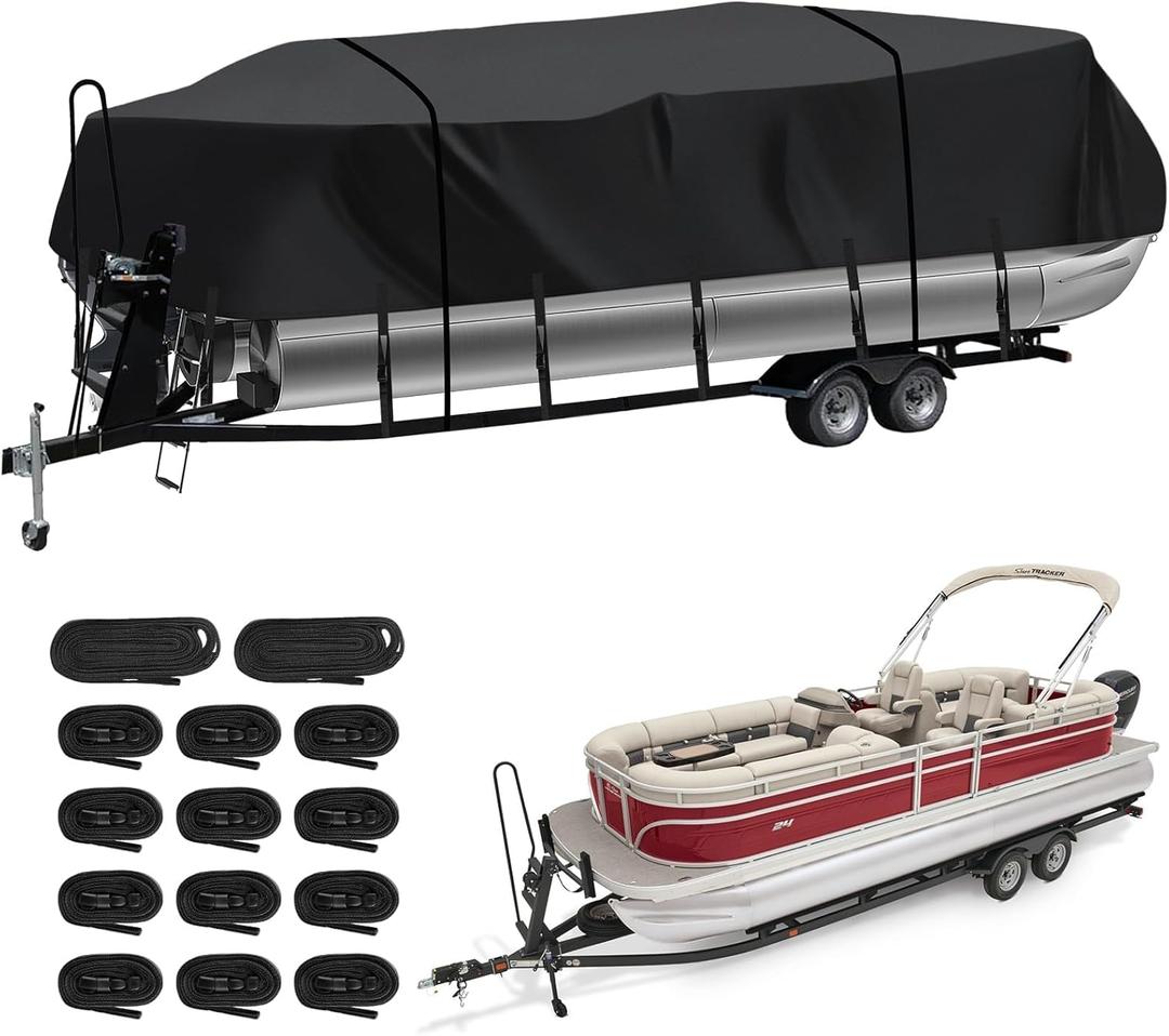 Heavy Duty Trailerable Pontoon Boat Cover (XXL), 24'3''-26'2'' Marine Grade Waterproof Cover with Adjustable Windproof Tightening Strap & Anti-UV for SunTracker Party Barge/SPORTFISH/Fishin Barge, Black