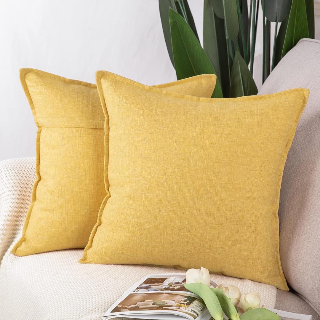 MADIZZ Set of 2 Linen Throw Pillow Covers 16x16 Inch Yellow Soft Decorative Cushion Cover for Sofa Bedroom Pillow Shell