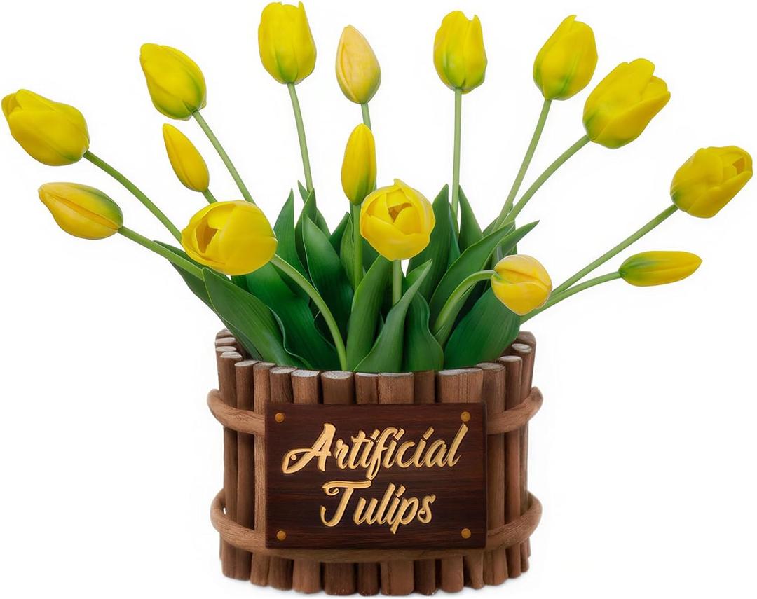 ucky 15PCS Yellow Fake Tulips Artificial Flowers Latex Natural Feel Tulips Fake Flowers for Decoration Faux Tulips Home Decor Mom Gifts