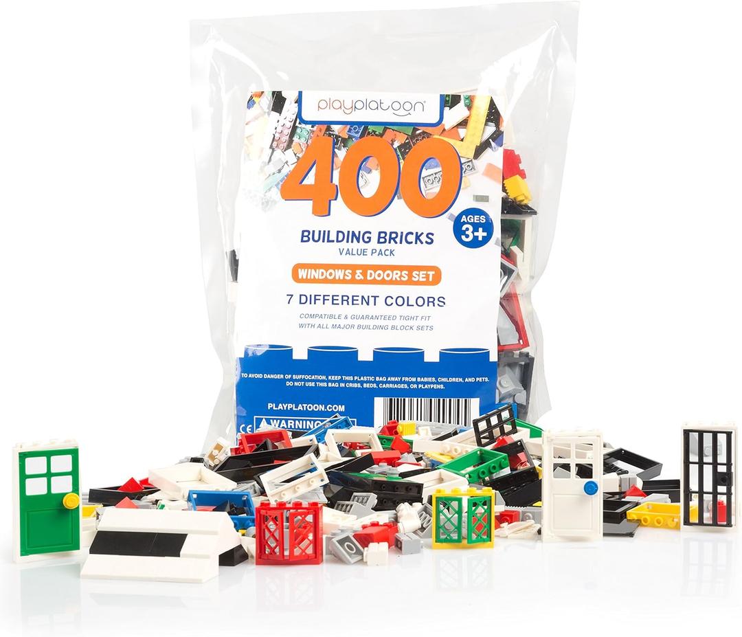 Play Platoon 400 Piece Windows, Doors, and Roof Tops Set - Building Brick Compatible Play Kit