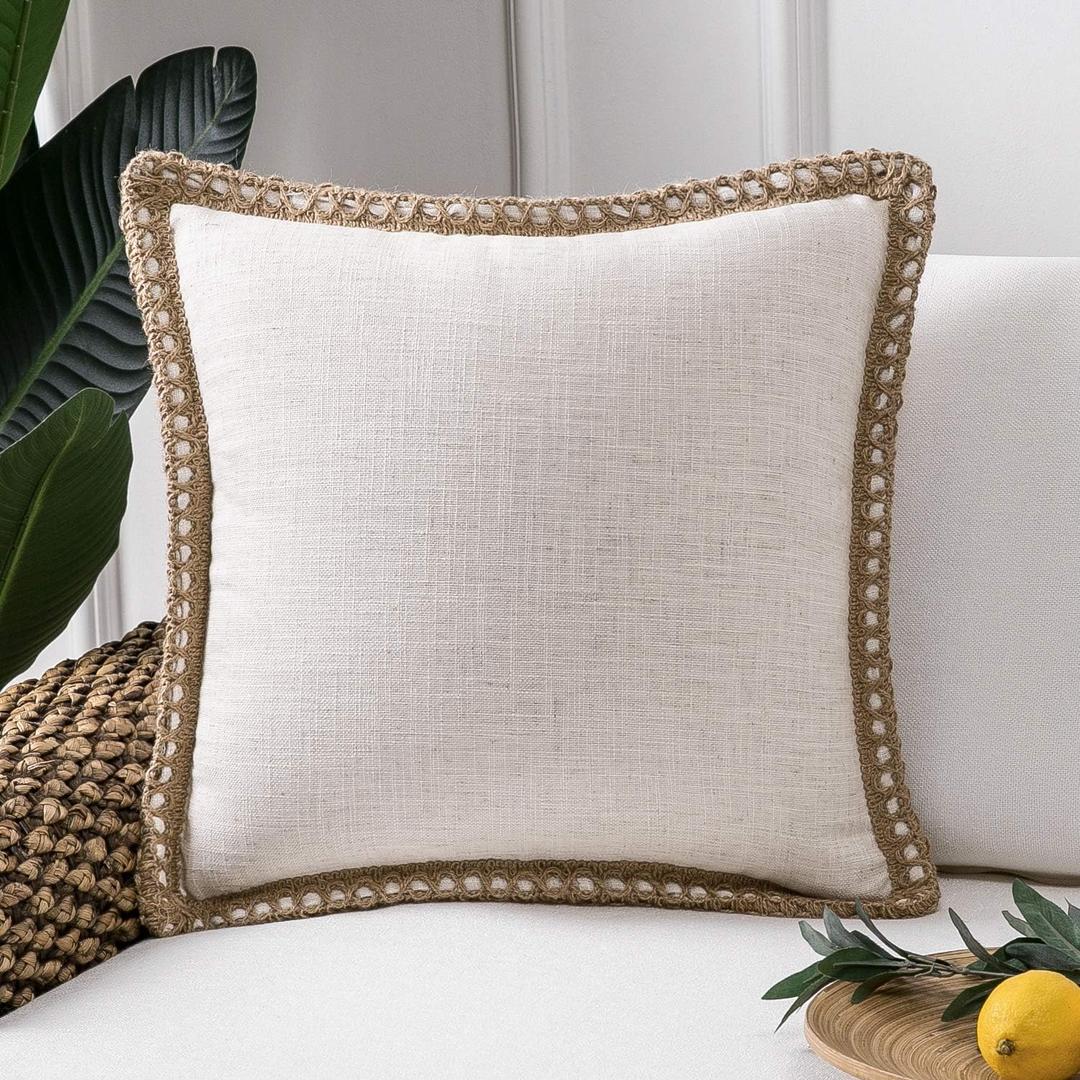 Phantoscope Farmhouse Solid Throw Decorative Pillow Cover Burlap Linen Trimmed Tailored Edges Outdoor Pillow Off White 22 x 22 inches, 55 x 55 cm, Pack of 1