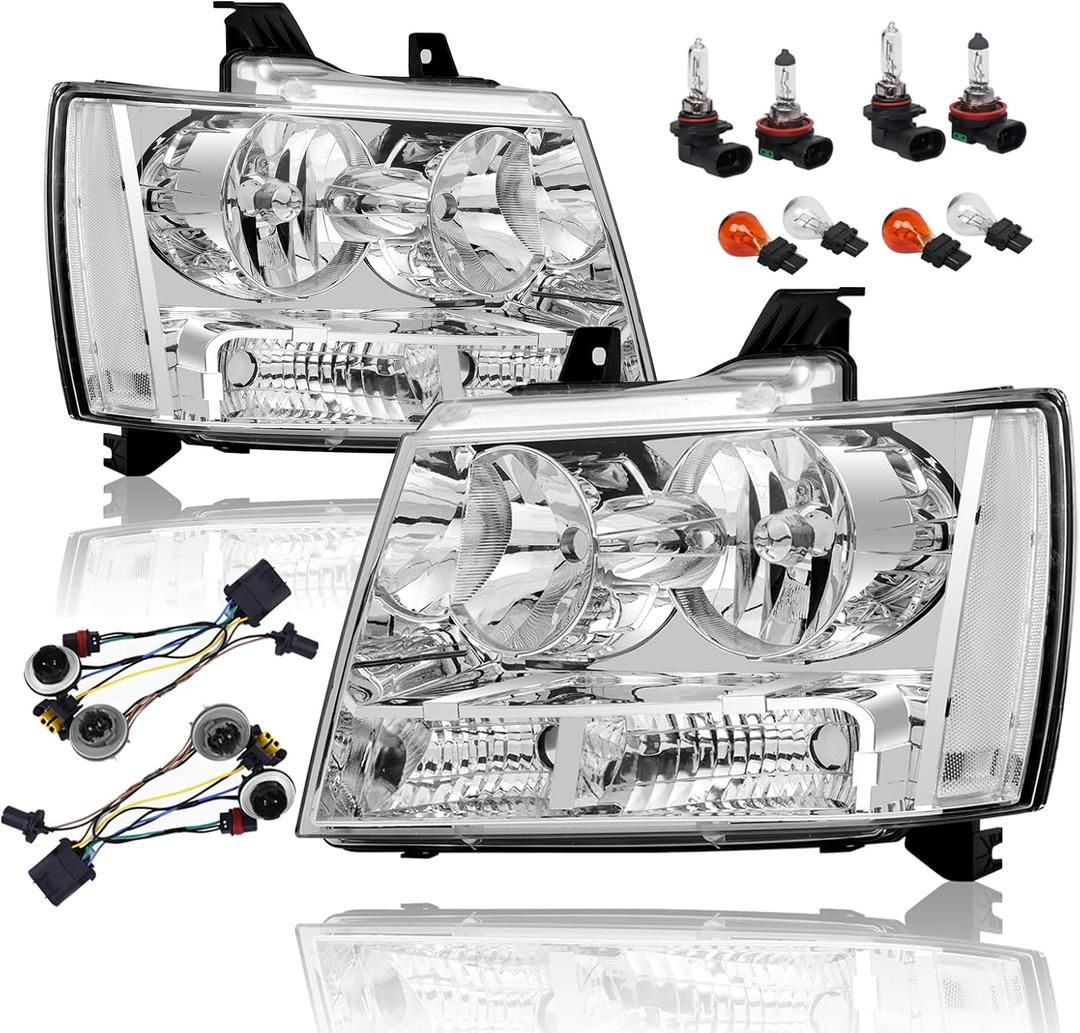 APSVE Headlights Assembly w/Bulbs & Wiring Harness compatible with 2007-2014 Chevy Tahoe Suburban/ 2007-2013 Chevy Avalanche, Chrome Housing Clear