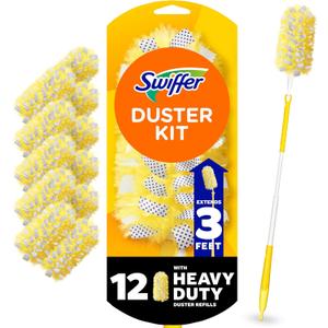 Swiffer Duster Kit with 3 ft Extendable Handle, Heavy Duty Dusting Starter Kit with 12 Refills, for Ceiling Fans, Vents and Hard to Reach Places