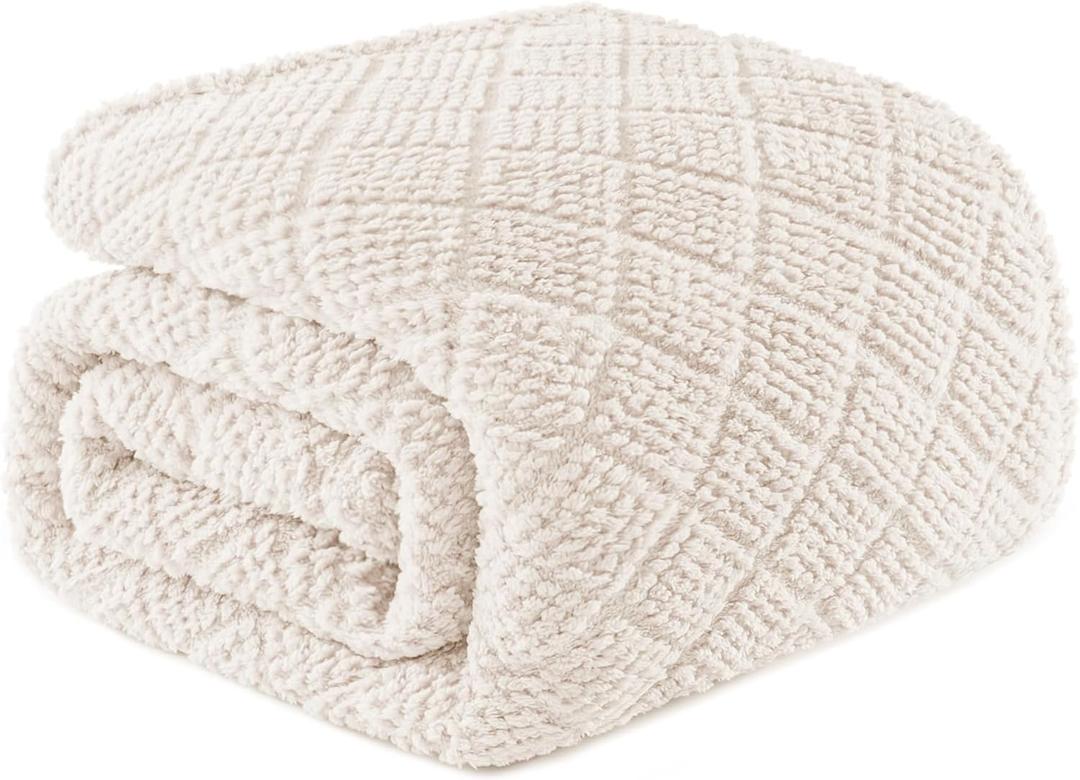 Whale Flotilla Fuzzy Fleece Queen Size Blanket for Bed, Soft Fluffy Jacquard Waffle Blankets for All Season, Lightweight and Warm, 90x90 Inch, Ivory