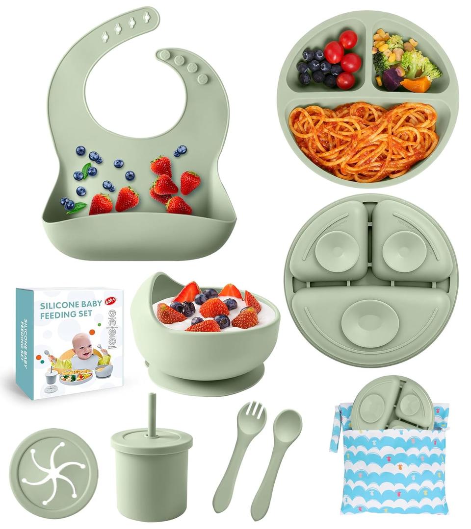 Silicone Baby Feeding Set, 10 Pcs Baby Led Weaning Supplies Baby Eating Essentials Set with Suction Bowl Divided Plate Adjustable Bib Soft Spoon Fork Cup with Lid Drinking Cup, Travel Bag (Green)