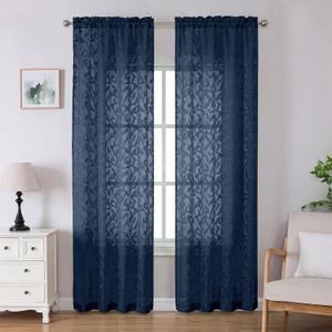 Lecloud Leia Jacquard Textured Navy Blue Sheer Curtains 96 Inches Long 2 Panels, French Door/Living Room/Bedroom Curtain with Dual Rod Pockets, Light Filtering Clip Leaf Voile Drapes, 38x96 Inches
