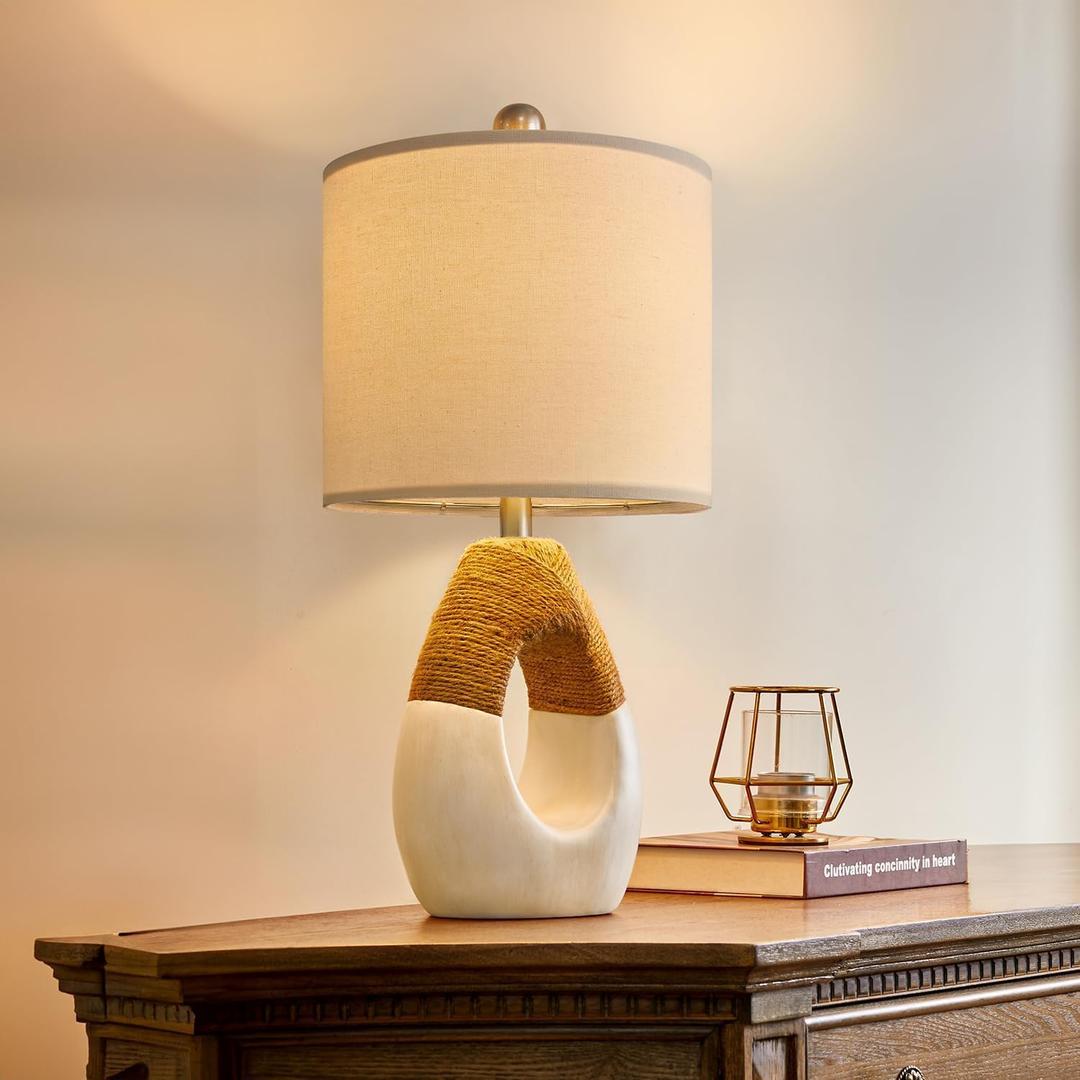 OYEARS 19 Boho Table Lamps Bedroom Living Room,Suitable for Small Space,Farmhouse Rattan Lamp Rustic Egg Design Resin Nightstand Bedside Lamps for Bedroom Living Room Office Study Rest Decor (Beige)