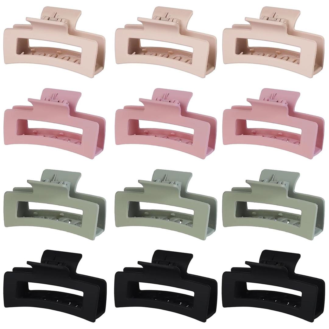Pack of 12, 3.5 Inch Matte Square Hair Claw Clips for Women, Strong Hold Neutral Claws for Thick Thin Hair(Green/pink/white/black)