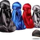 4PCS Silky Durags for Men Women 360 Waves with 1 Wave Cap, Silky Satin Durag Extra Long Tails (Black Blue Gray Red)