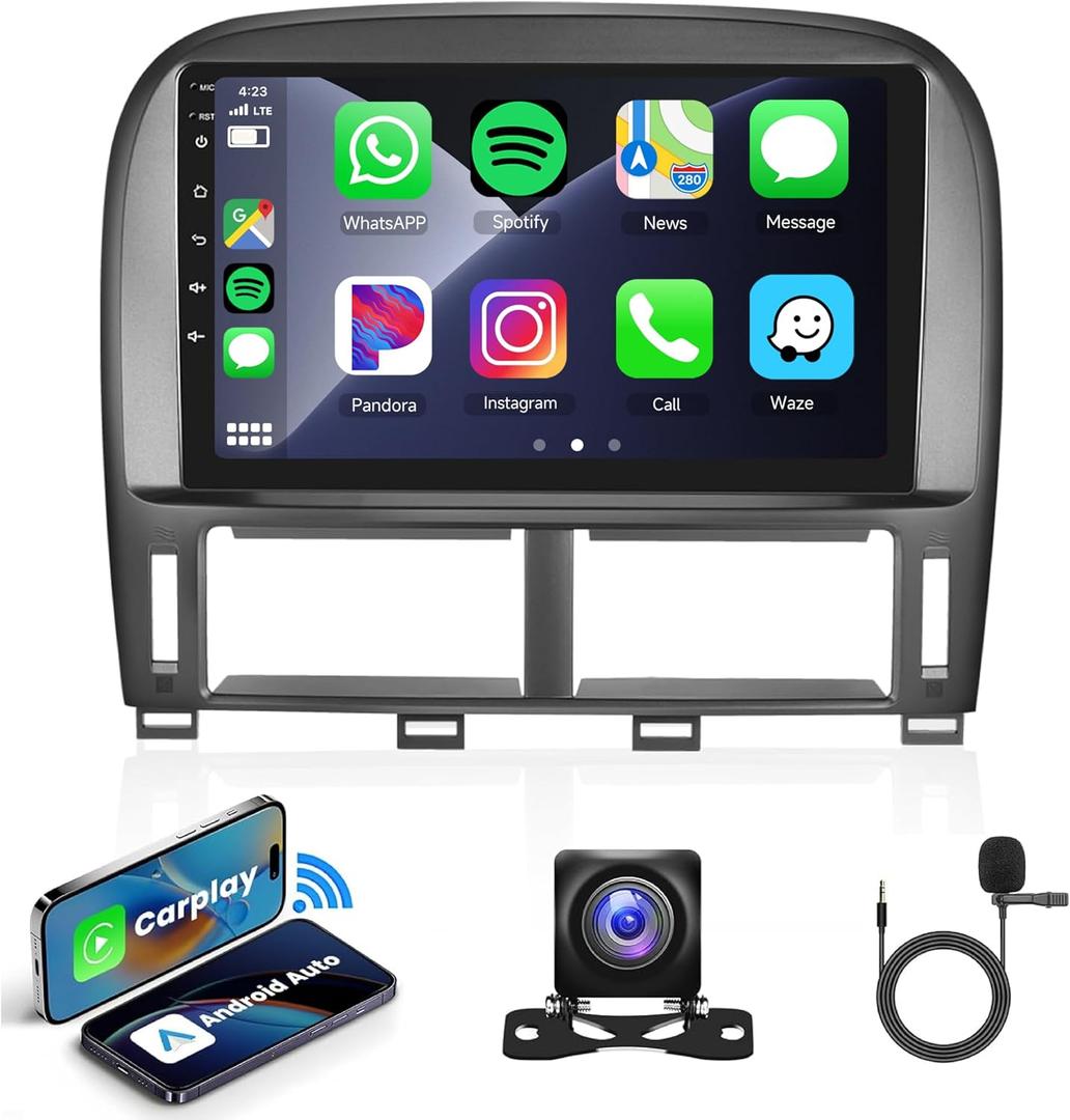 Hodozzy Android Car Radio for Lexus LS430 2001-2006, Wireless Carplay & Android Auto Mirror Link, 32GB 9 Inch Touchscreen GPS Bluetooth WiFi FM RDS HiFi SWC, Backup Camera Audio Receivers Player