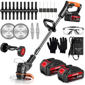 Electric Weed Wacker Cordless Weed Eater Battery Powered with 5 Types Blade, 3 in 1 Cordless Grass Trimmer/Brush Cutter with 2X 21V 4.0Ah Batteries for Lawn, Garden (Orange)