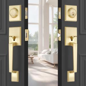 EHOMEWARE Brass Double Front Door Handle Set, Gold Heavy Duty Square Door Lever and Single Cylinder Deadbolt Combo for Side by Side Entrance Exterior Doors, Satin Brass Finish