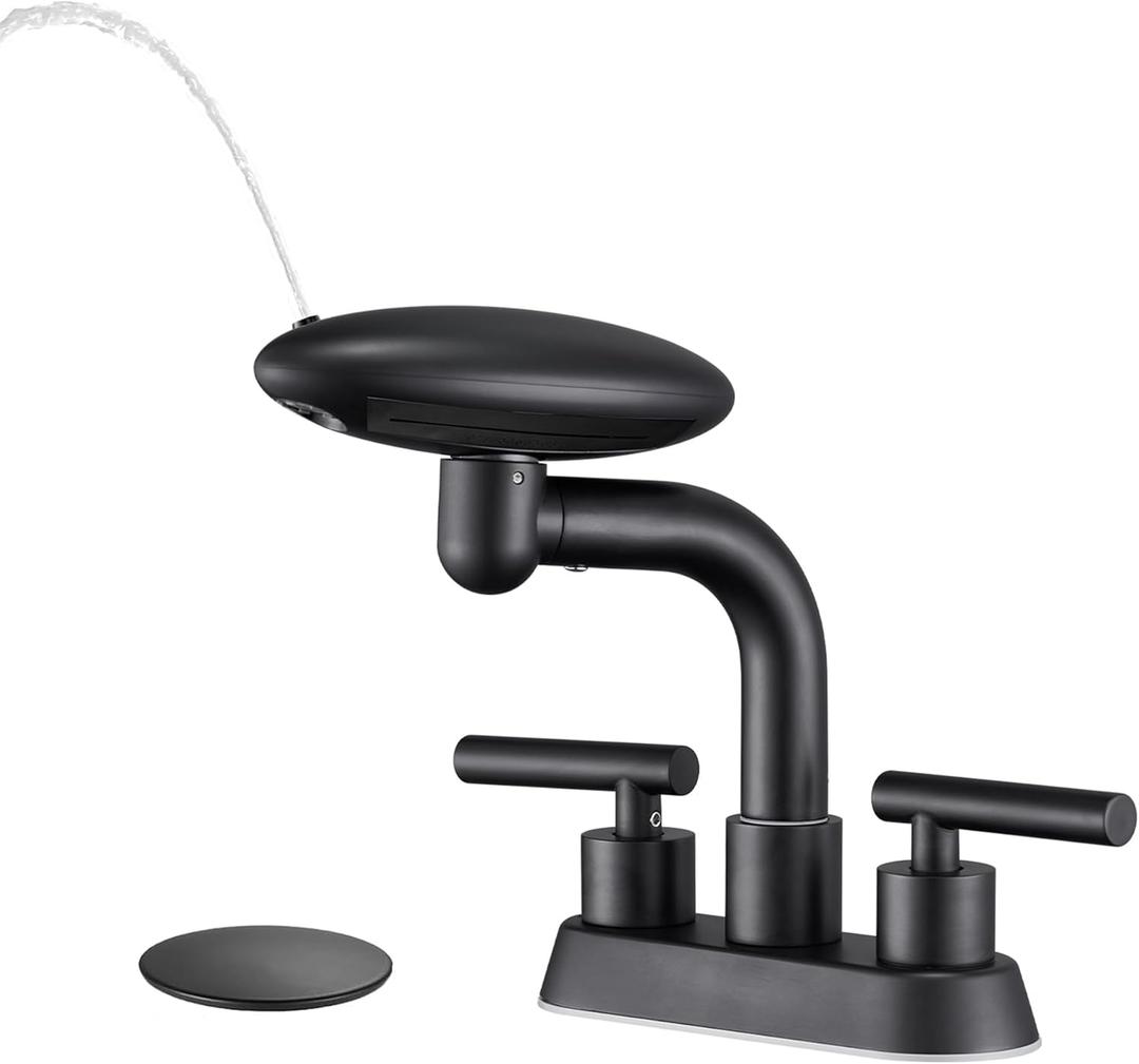 Matte Black Bathroom Sink FaucetModern 3 Hole Bathroom Faucet 2 Handle 4 Inch Centerset with 4 Water Outlet Modes, 360 Swivel Spout & Pop-Up Drain