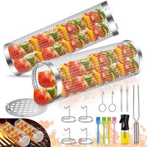 Grill Baskets for Outdoor Grill- 2 PCS, Rolling Grilling Basket, Stainless Steel BBQ Grill Mesh Grilling Accessories for Fish, Shrimp, Meat, Veggies, Fries, Grilling Gift for Men Dad Husband
