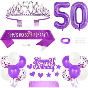 50th Birthday Decorations for Girls, Princess Crown Queen Tiara, It's My 50th Birthday Sash, 50 Year old Cake Topper, Number Balloons Set for Party Supplies, Purple