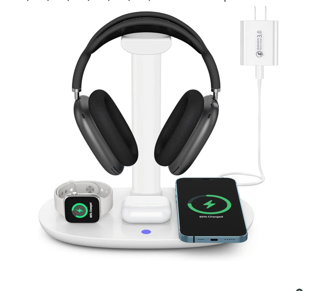 Headphone Stand with 15w Wireless Charger, Suguder 4 in 1 Charging Station Headset Holder for AirPods Max/Pro/4/3/2 iWatch 10/9/8/7/6/5/4/3/2/1/SE iPhone 17/16/15/14/13/12/11/X for Desktop Table Game