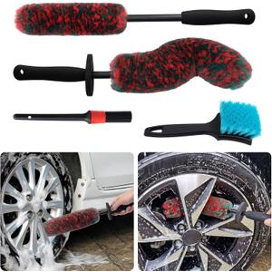 4 Pack Car Wheel and Tire Cleaner Brushes Kit Auto Motorcycle Rim Hub Ultra Soft Microfiber No Spatter Bendable Woolies Bristle Cleaning Set (Red & Green)