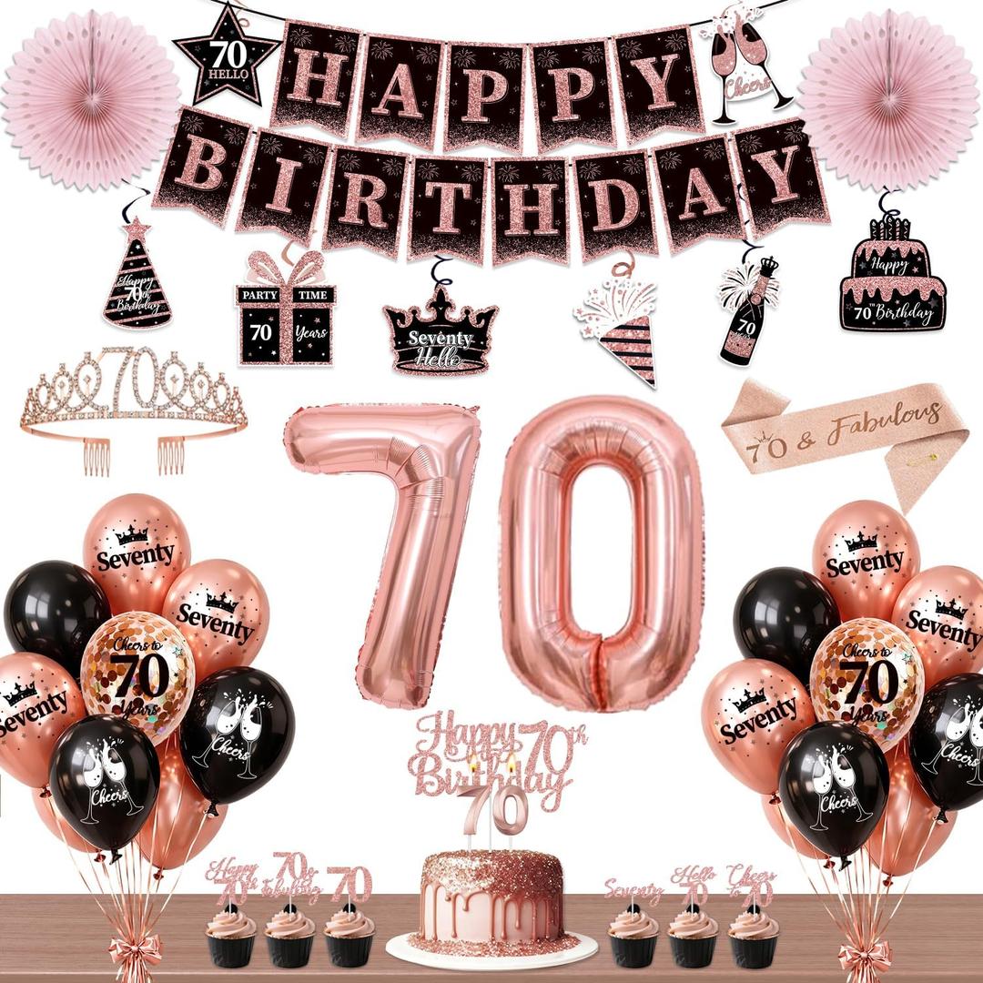 70th Birthday Decorations for Women, 54pcs Happy 70th Birthday Crown and Sash, Black Rose Gold Banner Backdrop Balloons Hanging Swirls Paper Fans, 70 Years Old Birthday Party Supplies Kit