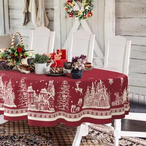 Oval Christmas Tablecloth 60 x 84 In,Christmas Tree Elk Santa Snowflake Red Christmas Tablecloth,Polyester Waterproof Wrinkle Resistant Durable Table cloth for Holiday,Kitchen,Winter and Home Decor