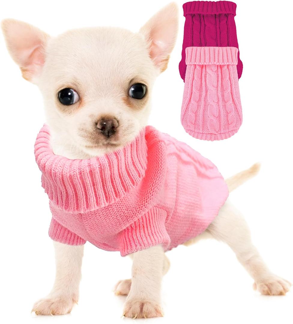 Chihuahua Yorkie Sweater, 2 Pieces Dog Sweaters for Small Dogs, Turtleneck Knitted Dog Clothes for Small Dogs, Winter Warm Pullover Sweaters, Pet Cat Sweater Cold Weather Puppy Clothes Outfits XS (Rose-Pink)