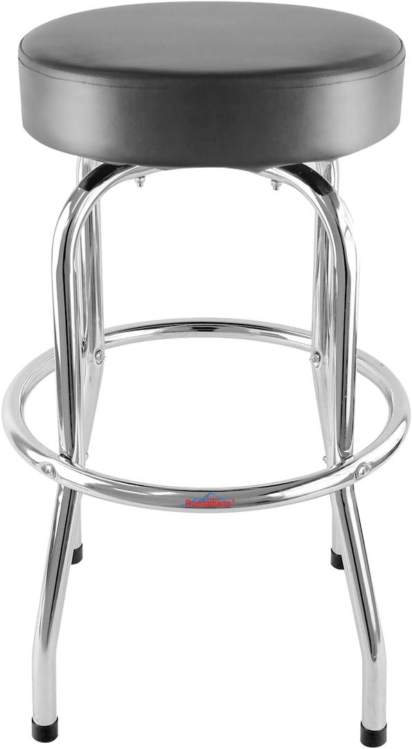 Ruedamann 29" H Swivel Bar Stool, Black Leatherette Padded Seat, Chrome Frame, Holds Up to 300 lbs, Shop Stool for Kitchen, Home Bar