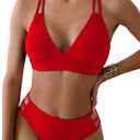 Fanuerg Women's Sexy V Neck Bikini Sets Hollow Out Two Piece Swimsuits Cutout Mid Waist Bathing Suit (Red, XS)
