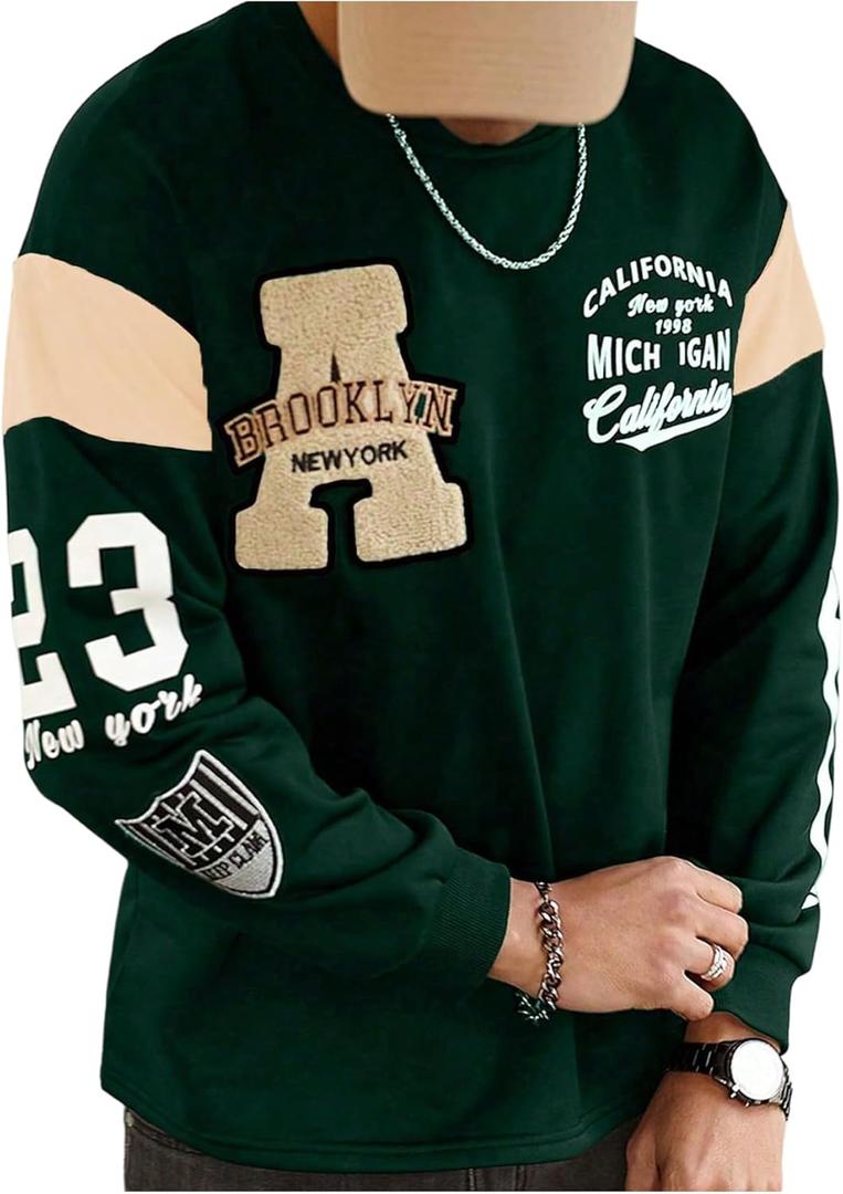 Floerns Men's Color Block Letter Graphic T Shirt Crew Neck Long Sleeve Casual Tee Tops Fall Clothes (Green, M)