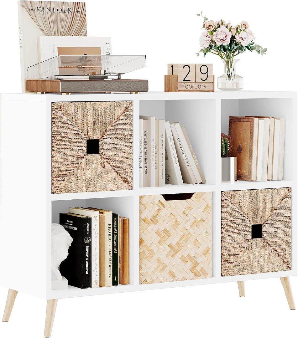 6 Cube Storage Organizer, Wood Bookcase with Legs, Modern Freestanding Cubby Shelving Unit, White Book Shelf Toy Storage Cabinet for Bedroom, Living Room, Kids Room, Fits 11 Inch Bins