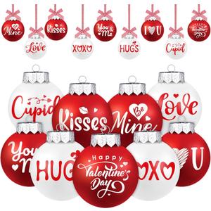 Hotop 18 Pcs Valentine's Day Hanging Ornament Red and White Ball Ornaments for Tree Valentine Ball Plastic Hanging Tree Decorations Love Kiss Be Mine Bulb for Holiday Weeding Party Decor