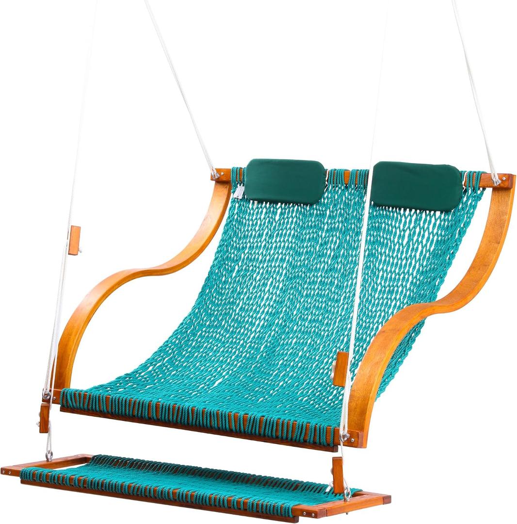 SANIWERKE Porch Swing for 2, Double Hammock Swing with Footrest & S-Armrest, Adjustable Hanging, Durable Rope Net&Thick Wood, 650LBS, 50" Wide, Luxe Reclining Duo Swing for Patio Porch(Honey Meadow)