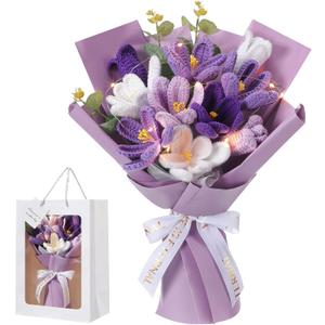 Mothers Day Crochet Flowers Bouquet Gift Completed Handmade Knitted Flowers with LED Lights Tulips Bouquet Gift for Mother Day Women Birthday Graduation Wedding Home(Purple)