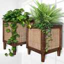 Autumn Alley Rustic Boho Large Indoor Planter - Rattan Planter Boxes Outdoor Set of 2 Wooden Indoor or Outdoor Plant Box Stands Decorative Square Woven Rattan Flower Pots for Home & Office