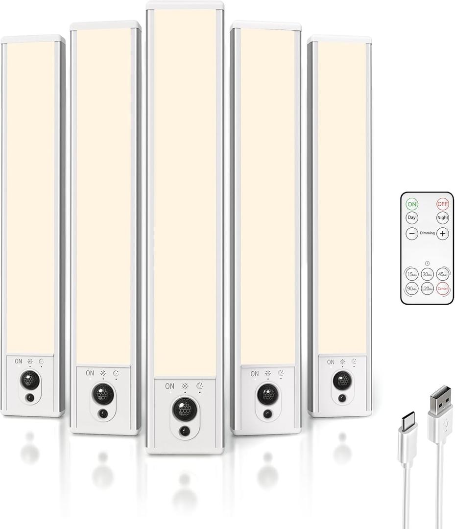 EZVALO 5-Pack Under Cabinet Lighting, 2400mAh Motion Sensor Light, LED Closet Lights Wireless, 3000K Dimmable, Timer, Magnetic, with Remote Control for Kitchen, Closet, Stair